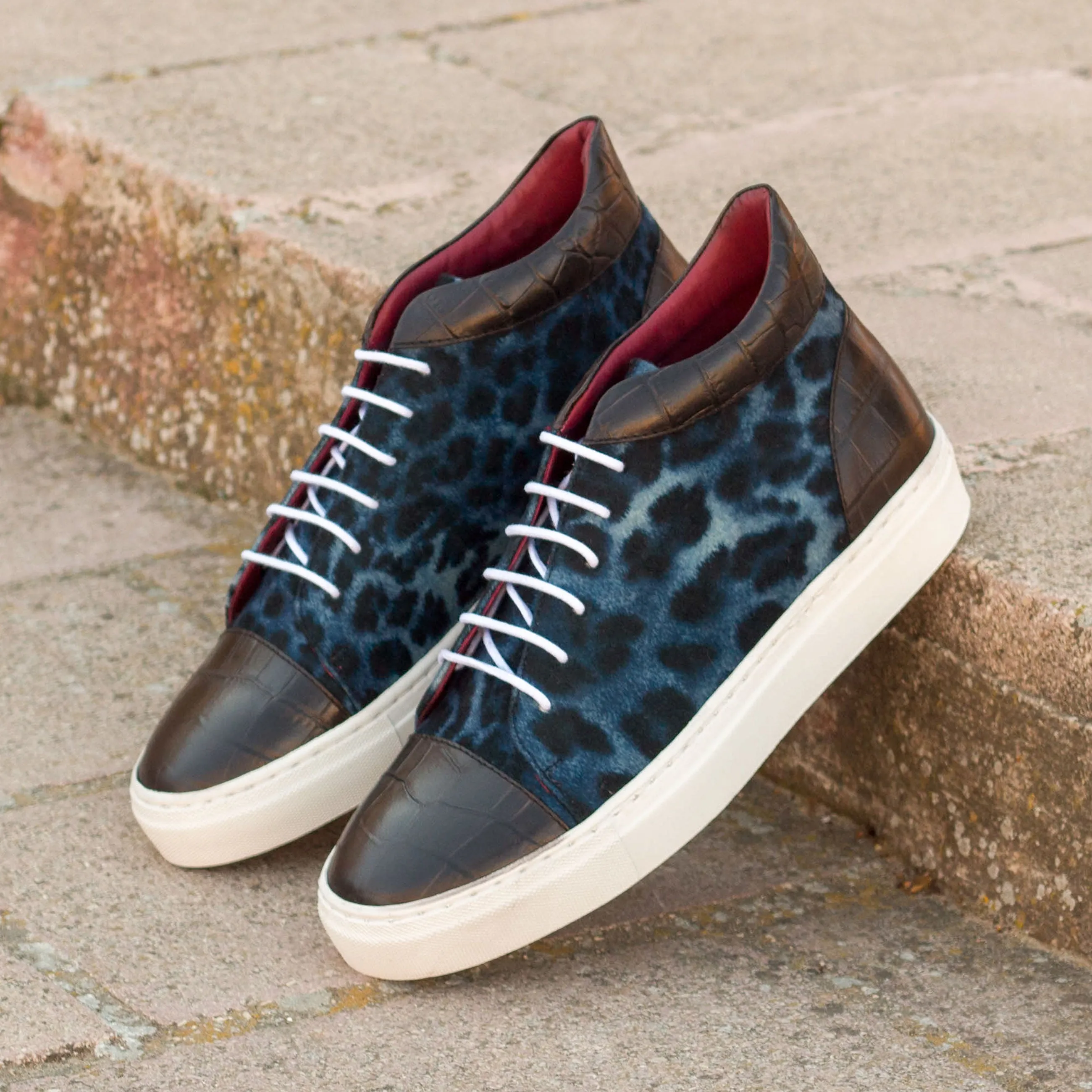 DapperFam Cassian in Black / Leopard Men's Italian Croco Embossed Leather & Sartorial High Top