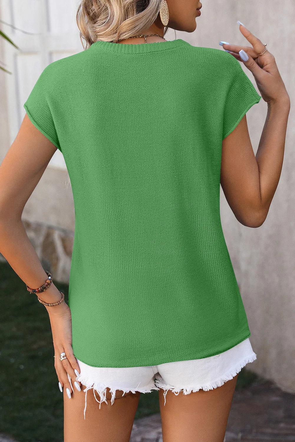 Dark Green Center Seamed Cap Sleeve Knit Top