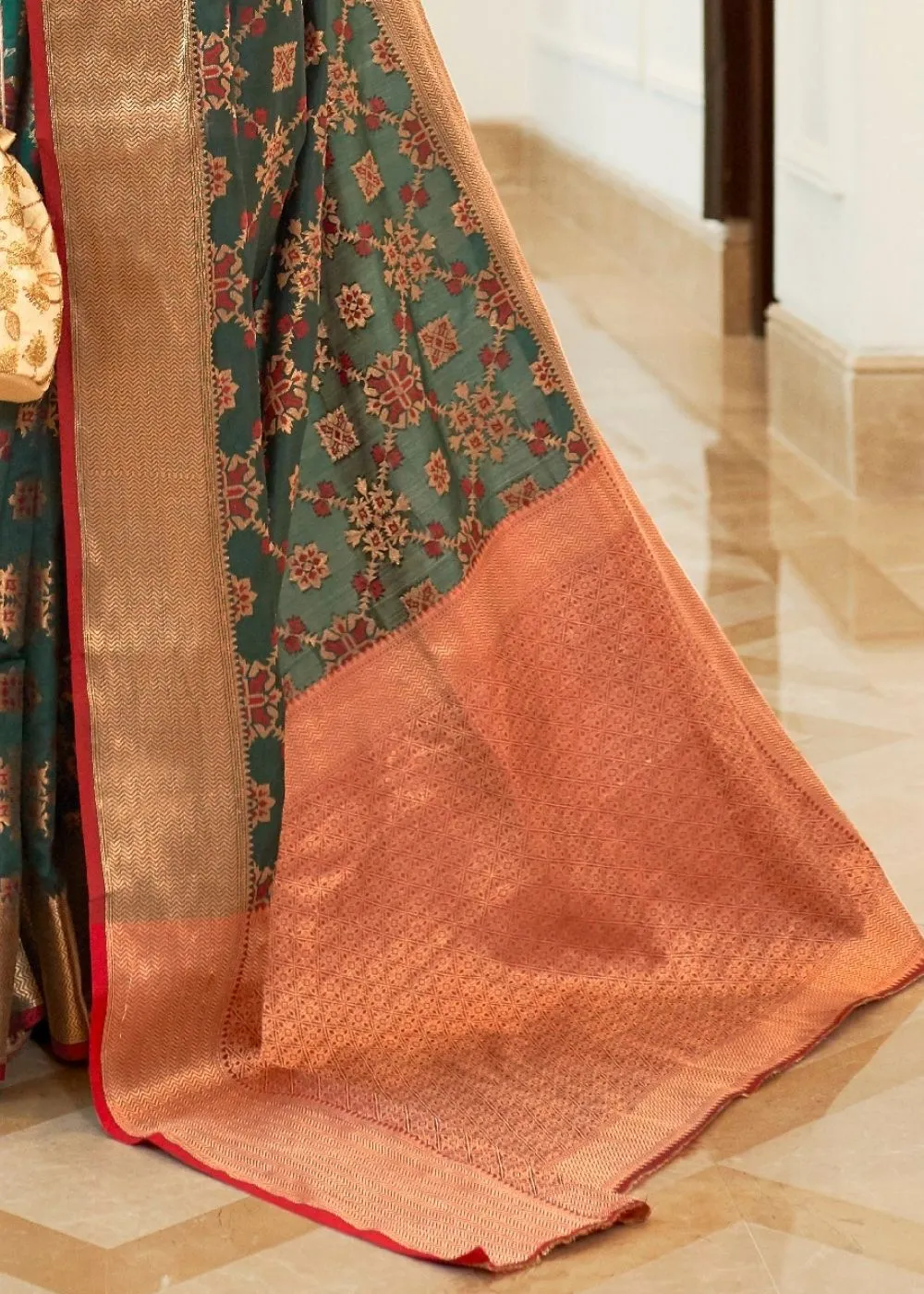 Dark Green Patola Silk Saree with Golden Border : Top Pick