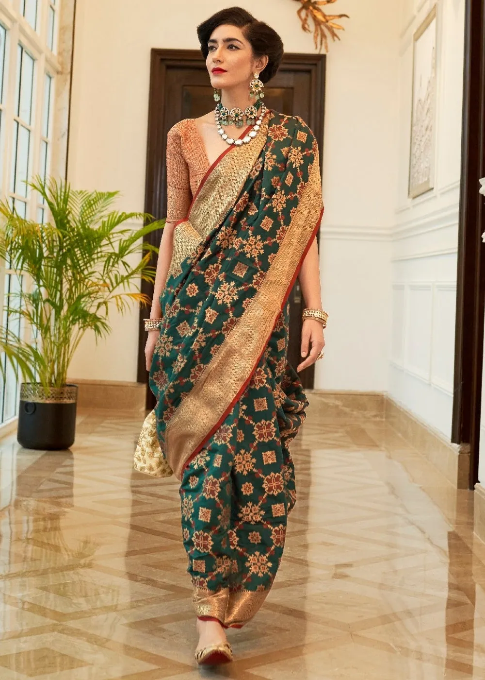 Dark Green Patola Silk Saree with Golden Border : Top Pick