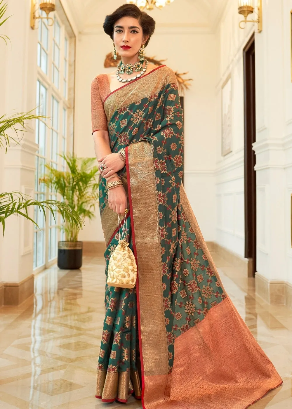 Dark Green Patola Silk Saree with Golden Border : Top Pick