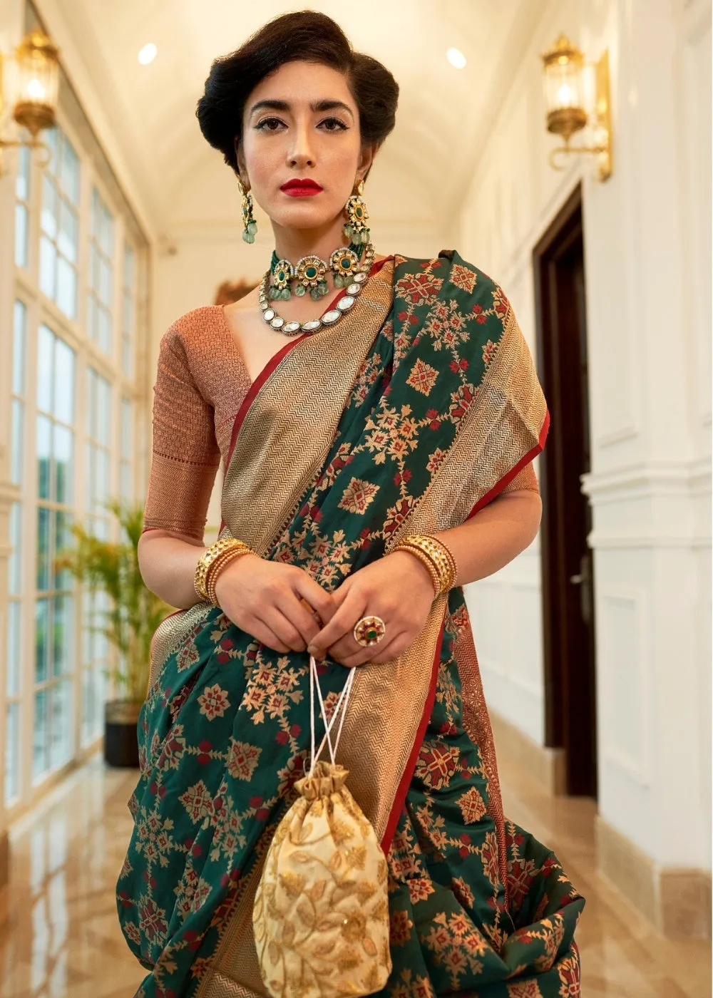 Dark Green Patola Silk Saree with Golden Border : Top Pick