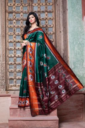 Dark Green Printed Wedding Events Patola Silk Saree