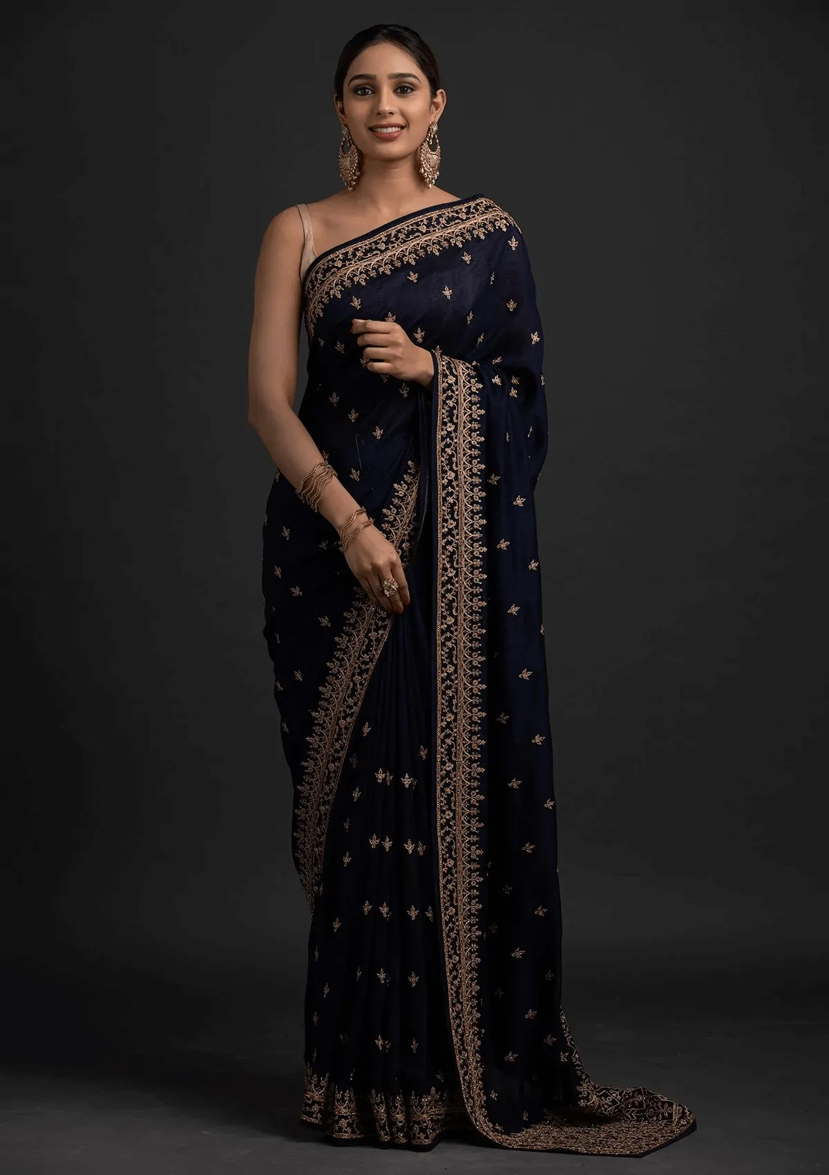 Delightful Navy Blue Dori And Sequins Embroidered Art Silk Traditional Saree