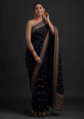 Delightful Navy Blue Dori And Sequins Embroidered Art Silk Traditional Saree