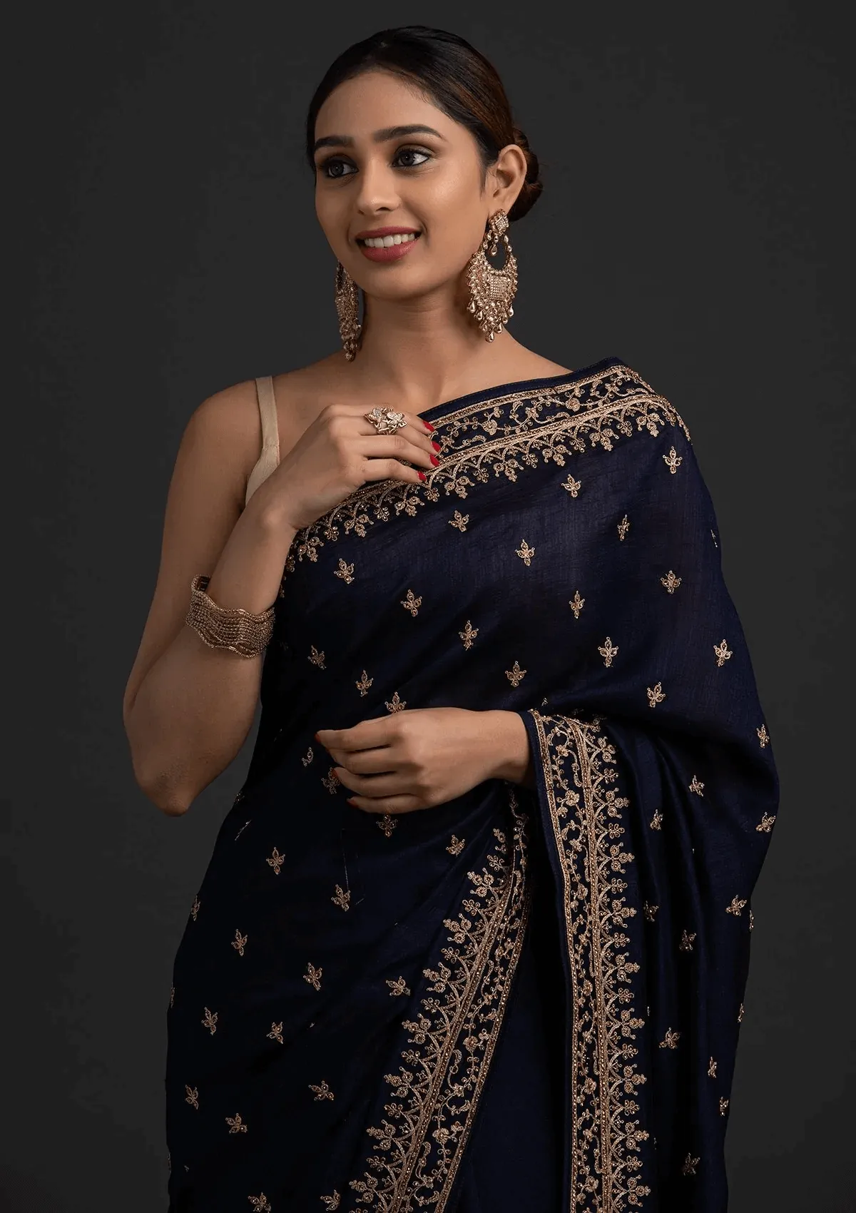 Delightful Navy Blue Dori And Sequins Embroidered Art Silk Traditional Saree