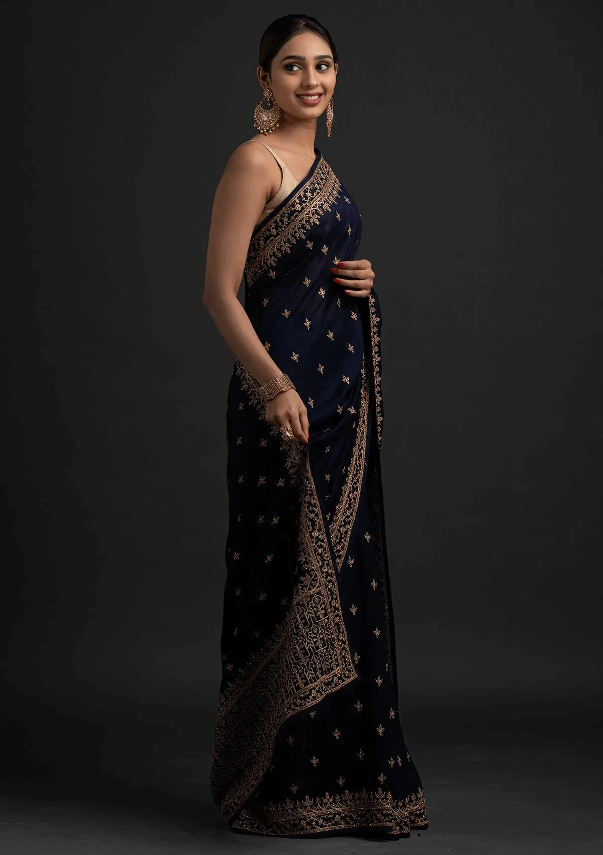 Delightful Navy Blue Dori And Sequins Embroidered Art Silk Traditional Saree