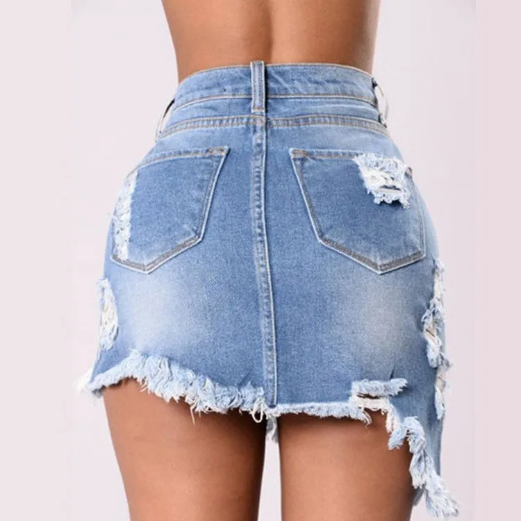 Denim Ripped Tassel High Waist Sharp Edge Irregular Cutting Pencil Mini Skirt