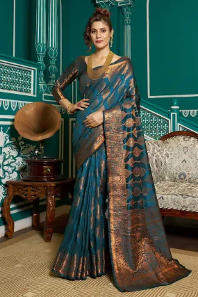 Desirable Rama Soft Banarasi Silk Saree With Most Stunning Blouse Piece