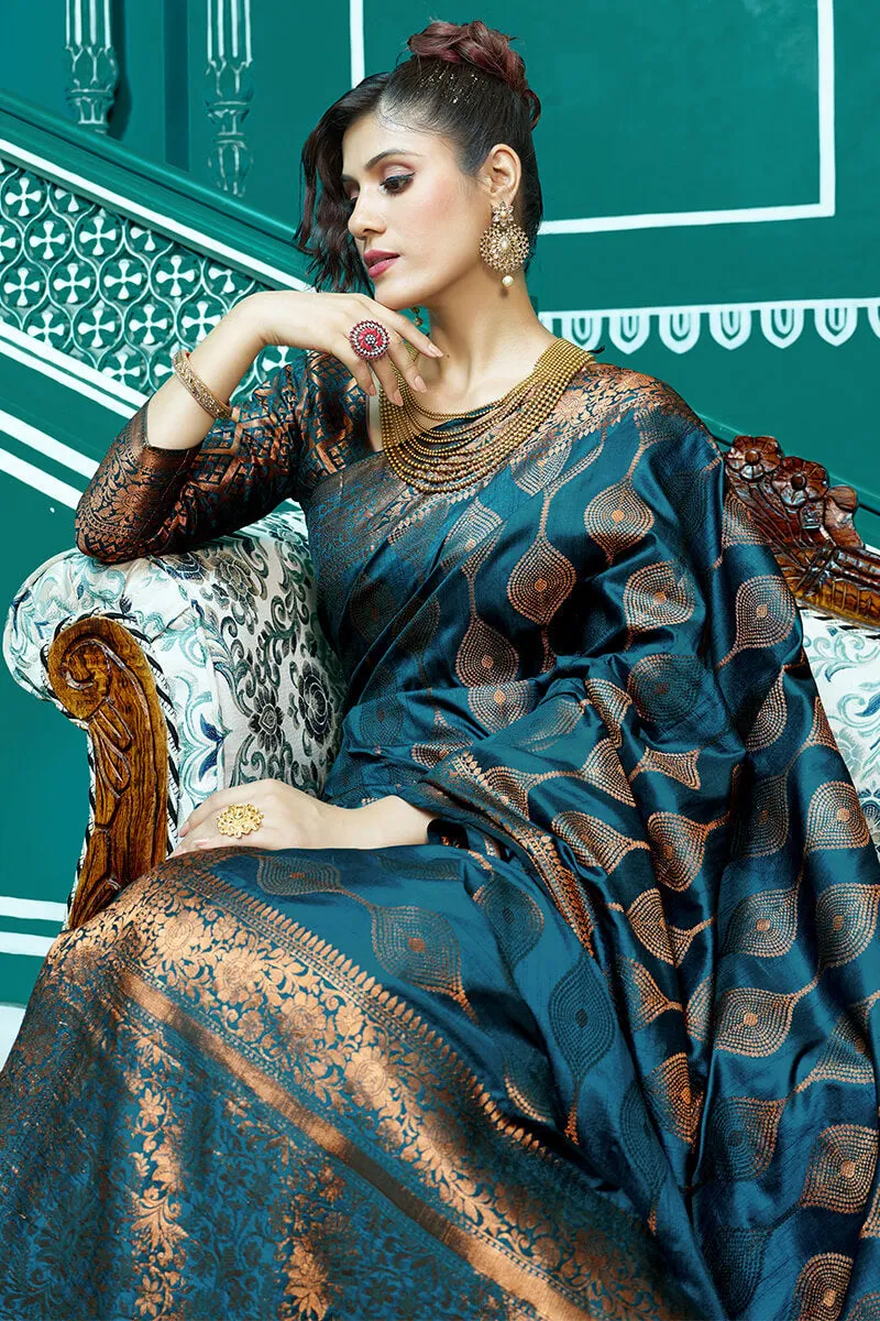 Desirable Rama Soft Banarasi Silk Saree With Most Stunning Blouse Piece