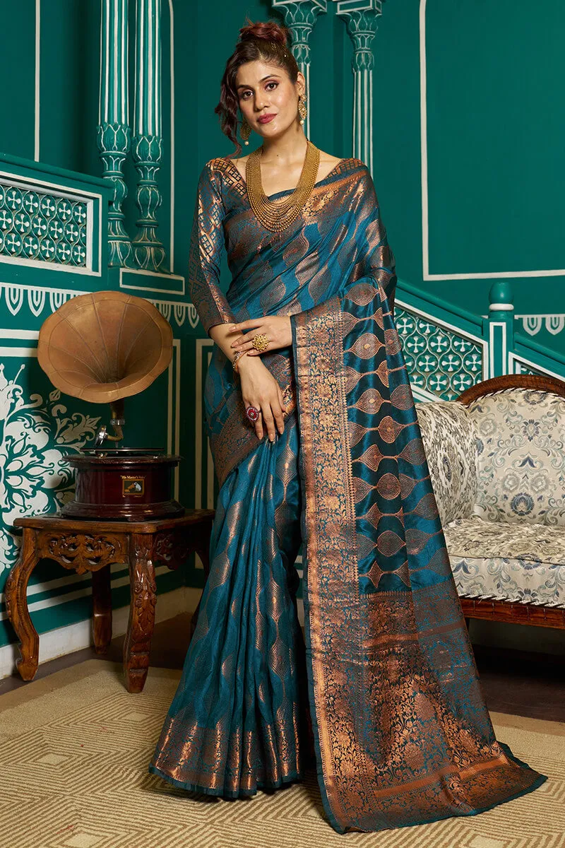 Desirable Rama Soft Banarasi Silk Saree With Most Stunning Blouse Piece