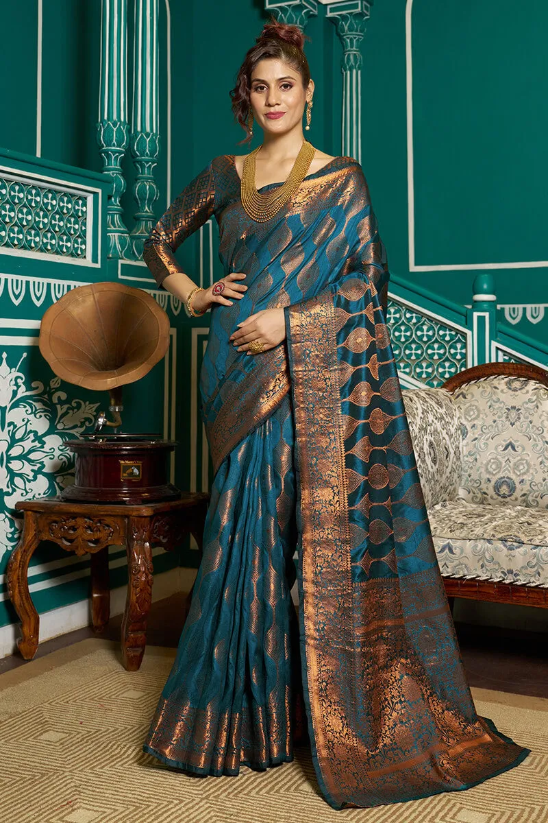 Desirable Rama Soft Banarasi Silk Saree With Most Stunning Blouse Piece