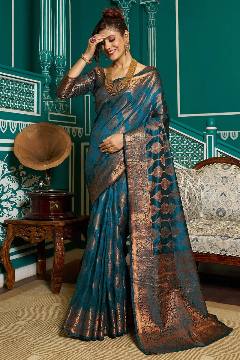 Desirable Rama Soft Banarasi Silk Saree With Most Stunning Blouse Piece