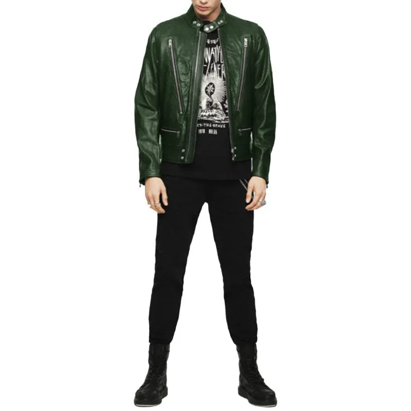 DIESEL L KOJI Mens Bomber Jacket Genuine Leather Cafe Racer Winter Green Coat