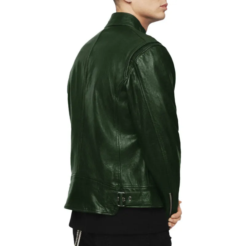 DIESEL L KOJI Mens Bomber Jacket Genuine Leather Cafe Racer Winter Green Coat