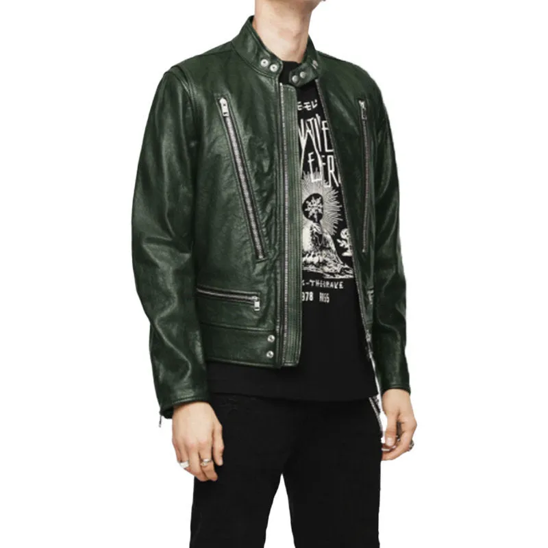 DIESEL L KOJI Mens Bomber Jacket Genuine Leather Cafe Racer Winter Green Coat