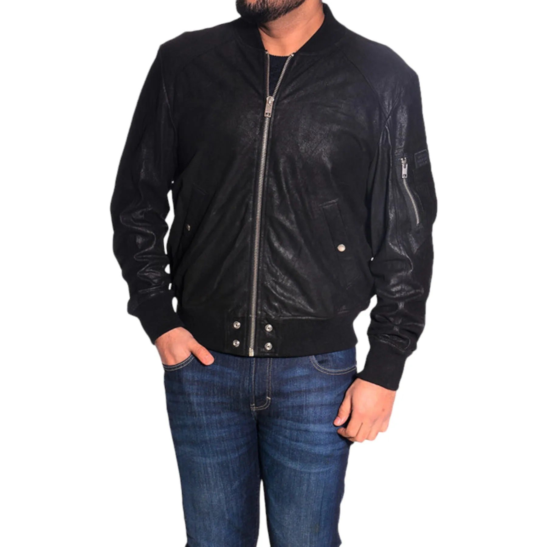 DIESEL L NIKOLAI Mens Bomber Jacket Leather Cafe Racer Winter Outwear Black Coat