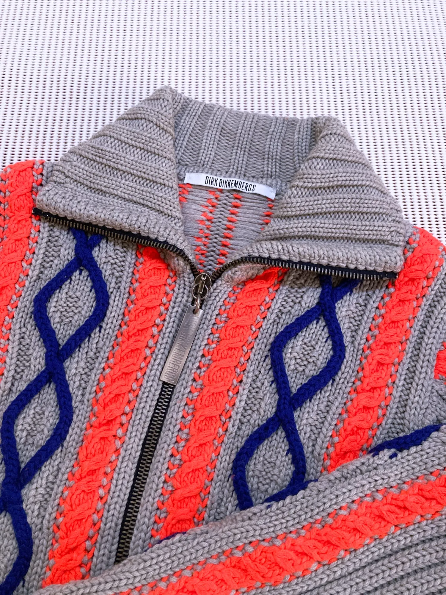 Dirk Bikkembergs 1990s grey blue fluorescent orange wool knit zip jacket - M