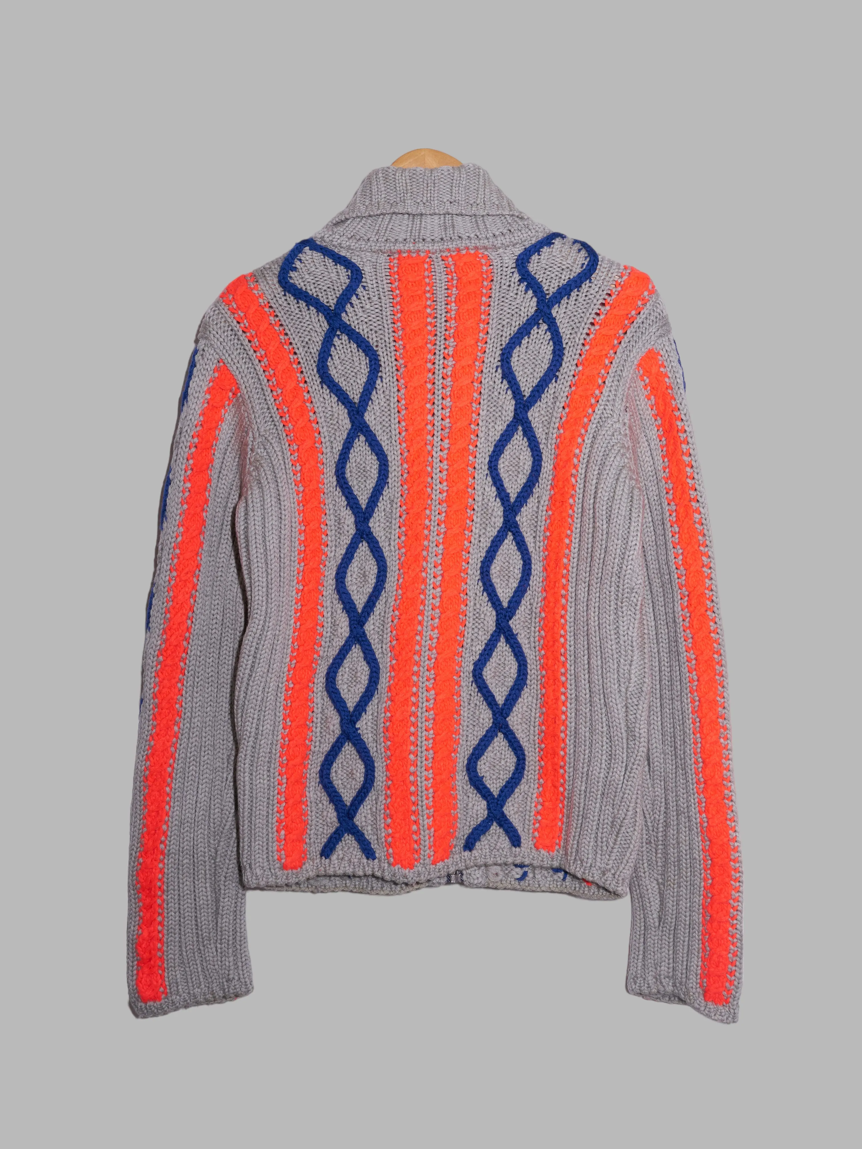 Dirk Bikkembergs 1990s grey blue fluorescent orange wool knit zip jacket - M