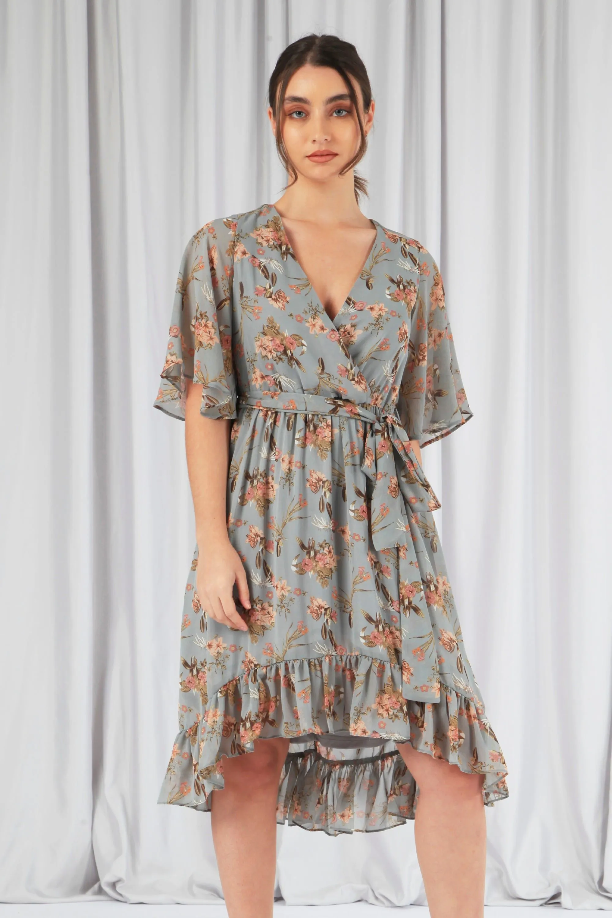 Double Second Floral Print Ruffle Midi Wrap Dress