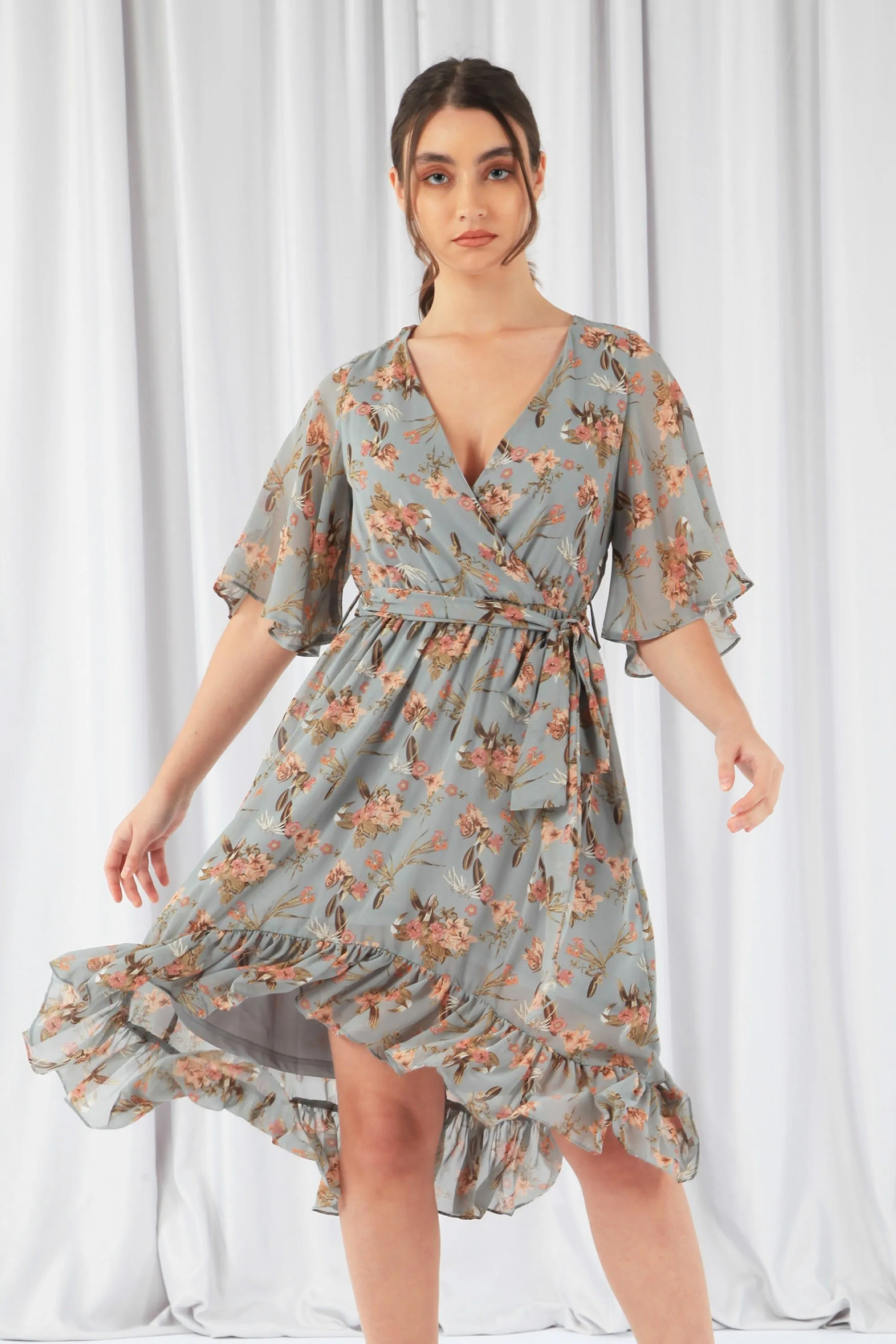 Double Second Floral Print Ruffle Midi Wrap Dress