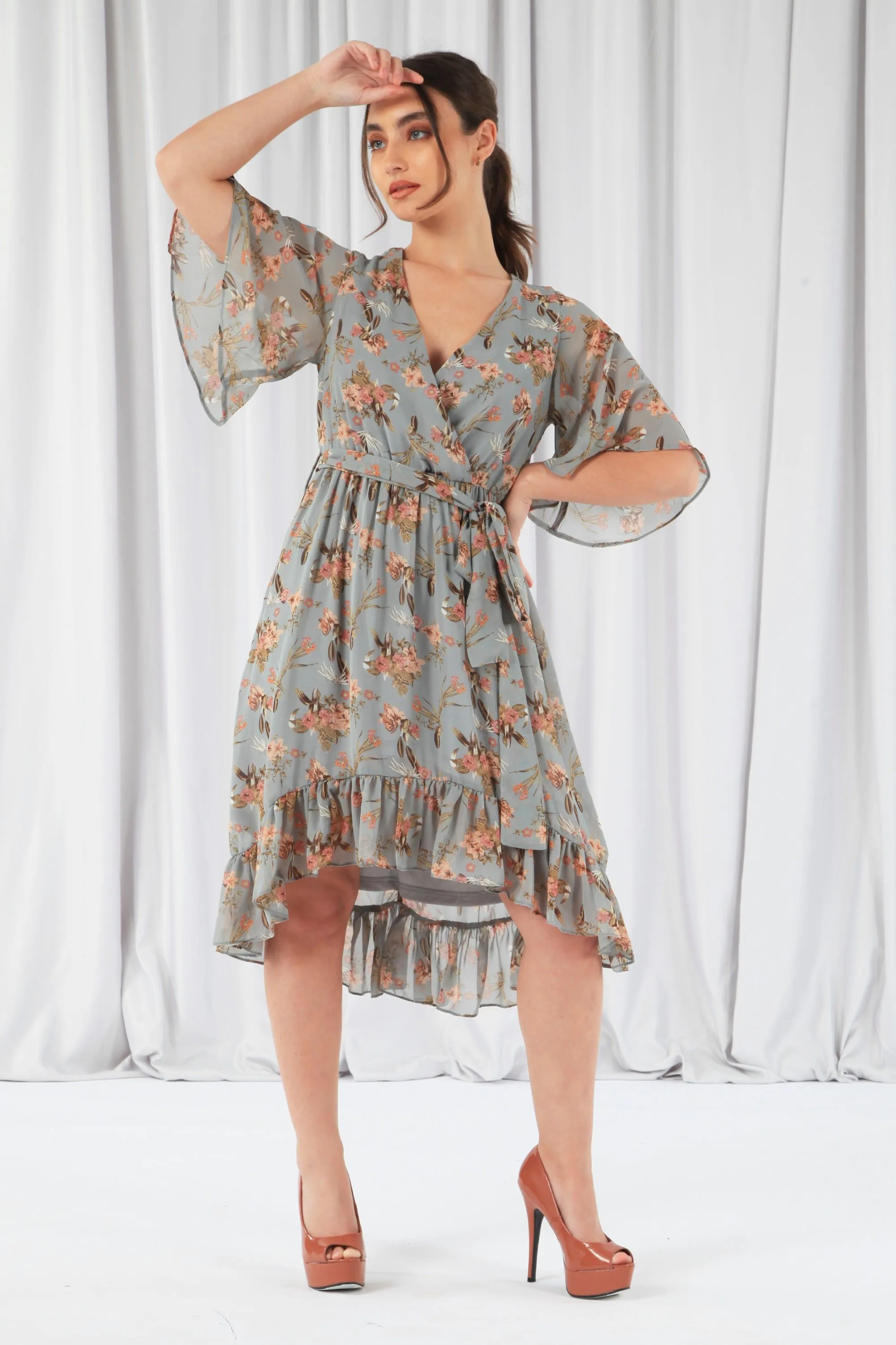 Double Second Floral Print Ruffle Midi Wrap Dress