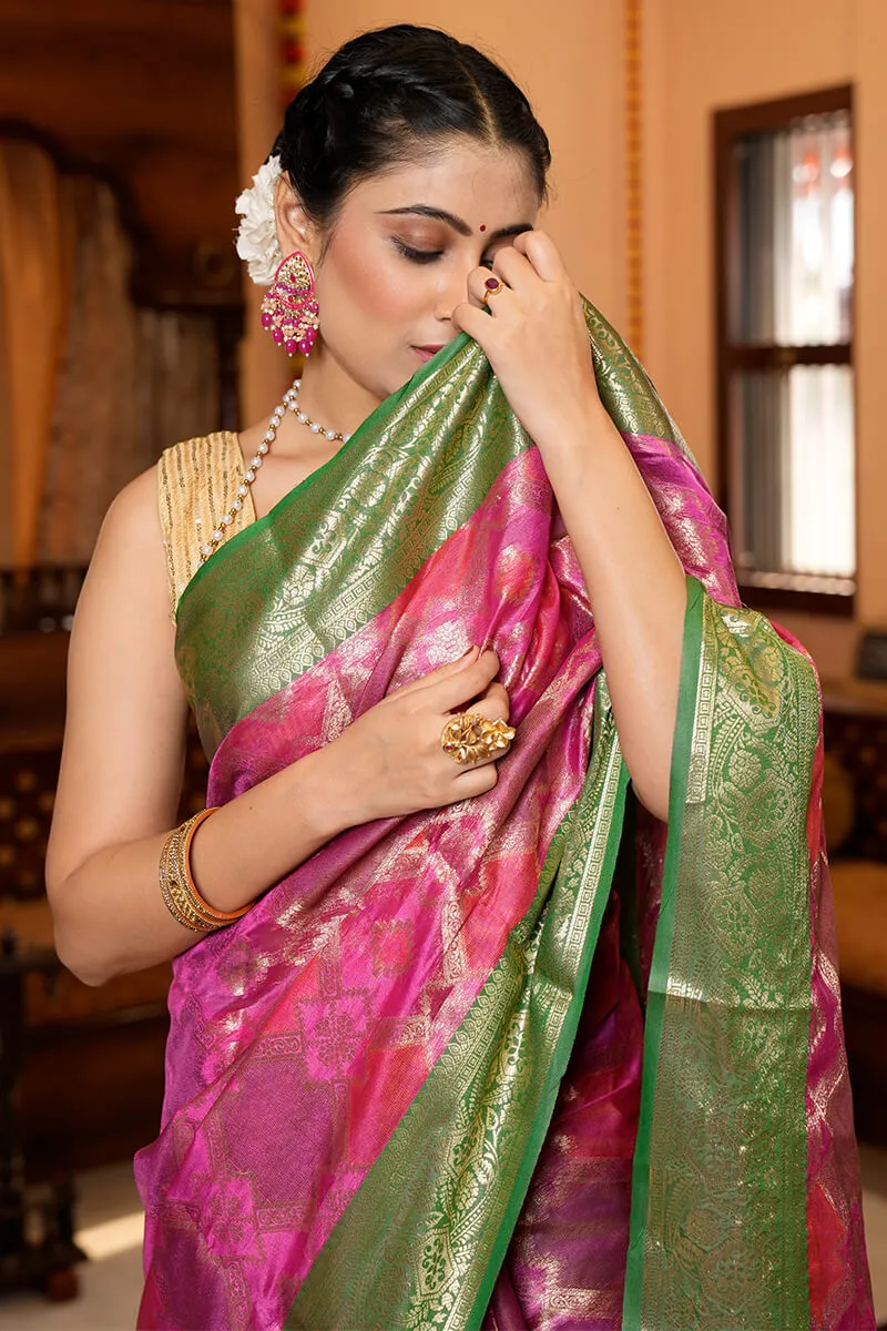 Elegant Dark Pink Organza Silk Saree With Precious Blouse Piece