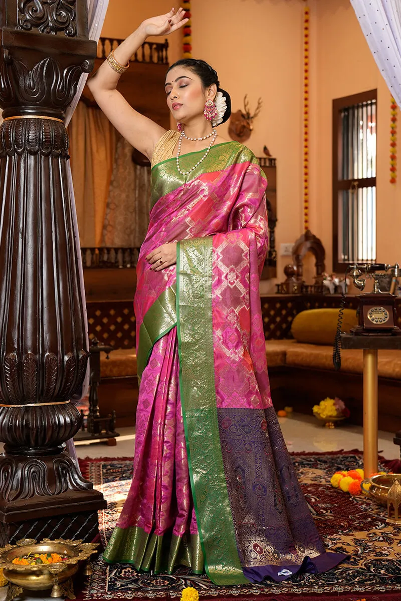 Elegant Dark Pink Organza Silk Saree With Precious Blouse Piece