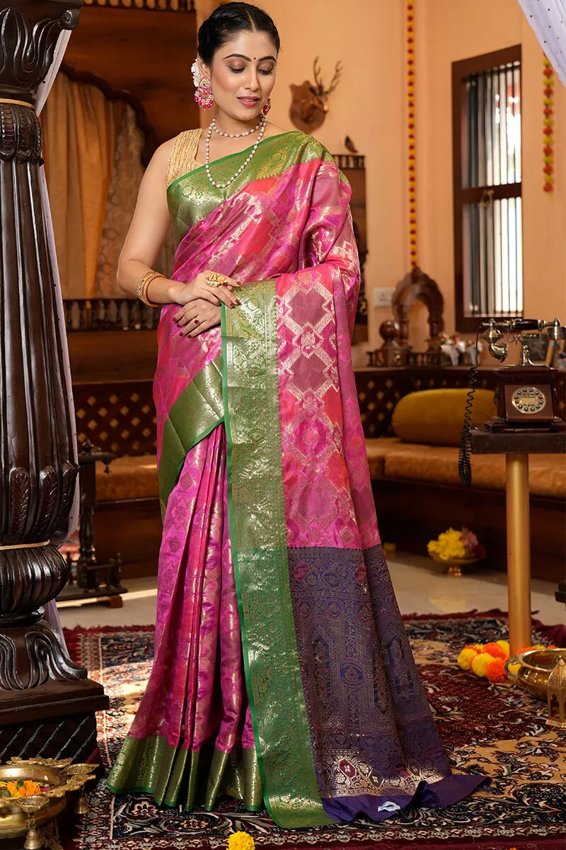 Elegant Dark Pink Organza Silk Saree With Precious Blouse Piece