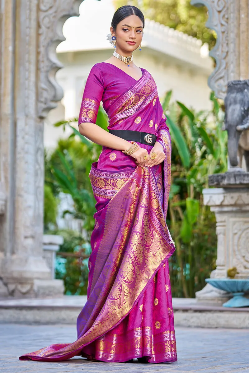 Engrossing Purple Kanjivaram Silk Saree With Epiphany Blouse Piece