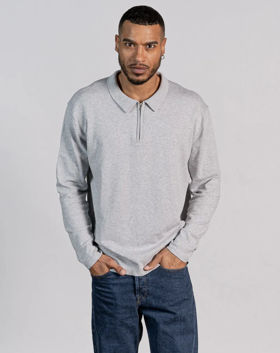 ESSENTIAL OVERSIZED LONG SLEEVE ZIPPED NECK POLO - LIGHT GREY