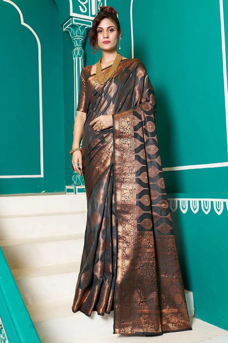 extravagant Black Soft Banarasi Silk Saree With Murmurous Blouse Piece