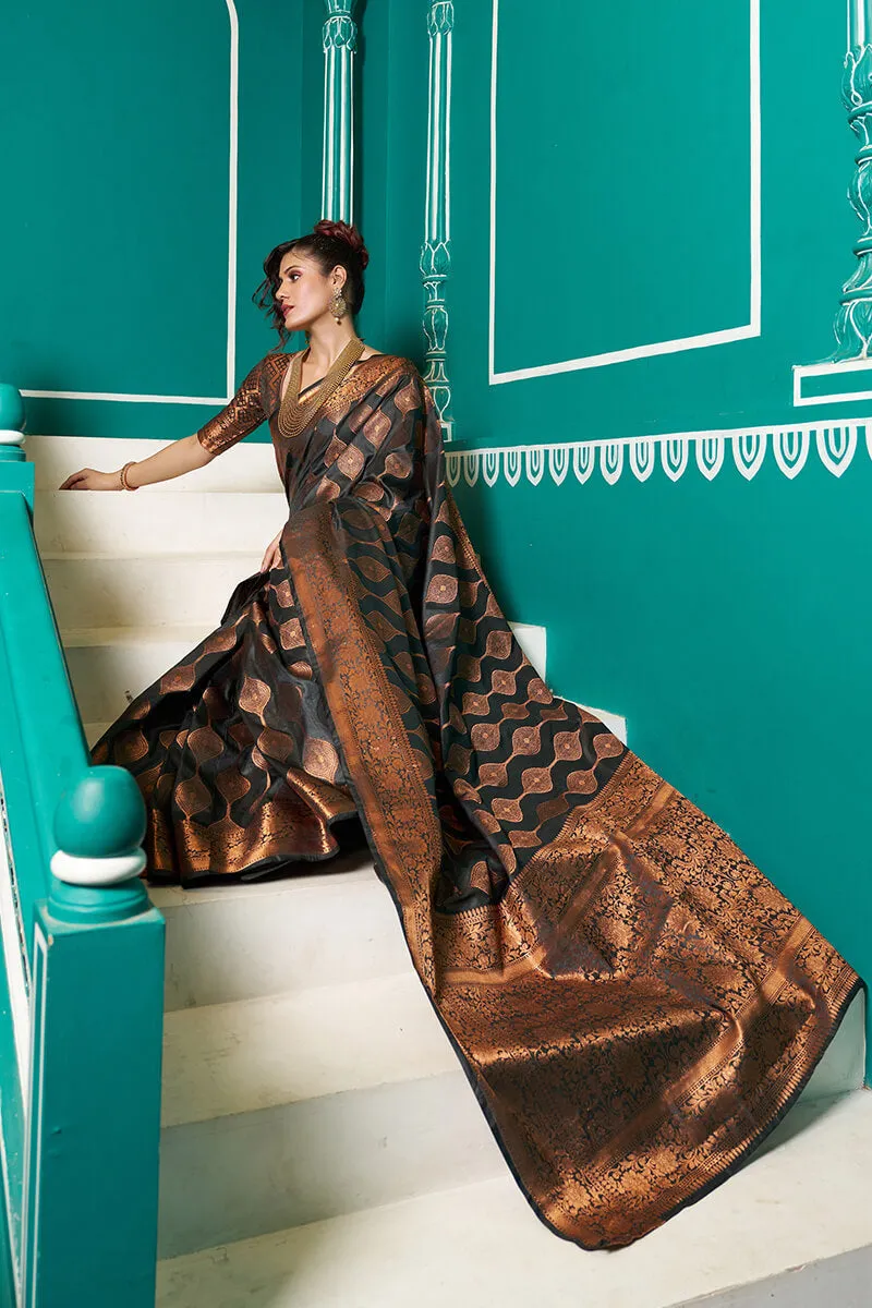 extravagant Black Soft Banarasi Silk Saree With Murmurous Blouse Piece