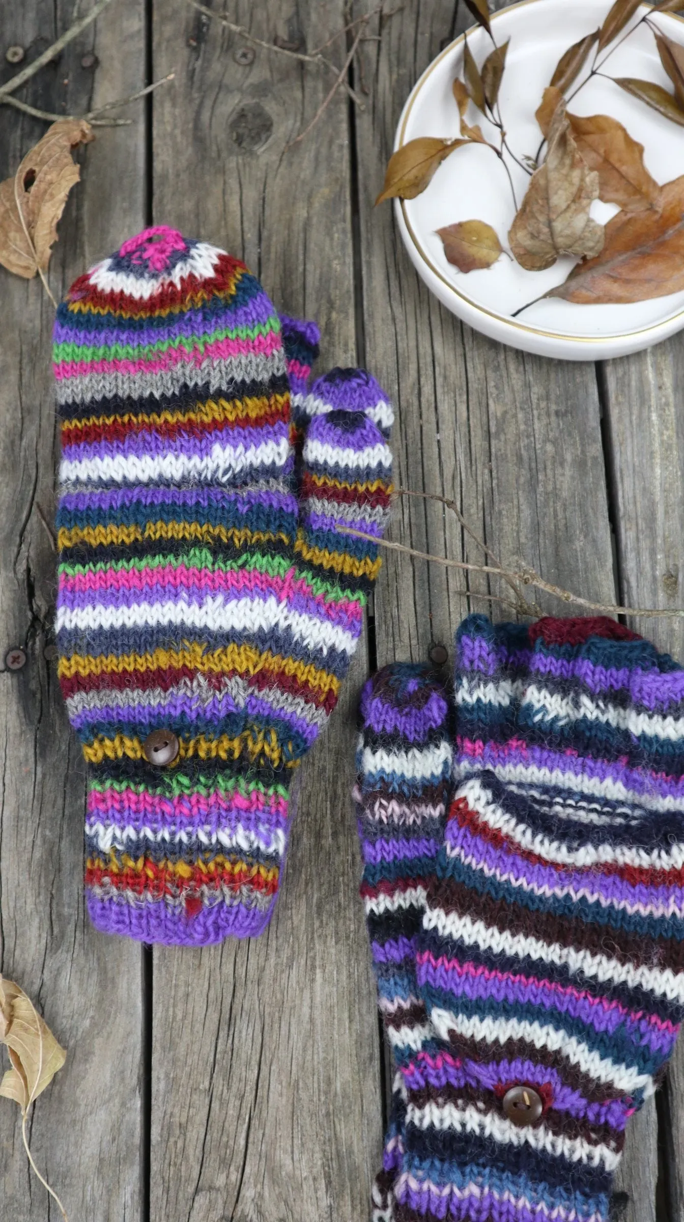 Fair Trade Ethical Adult Fingerless Gloves with Cap in Striped Brown Designs