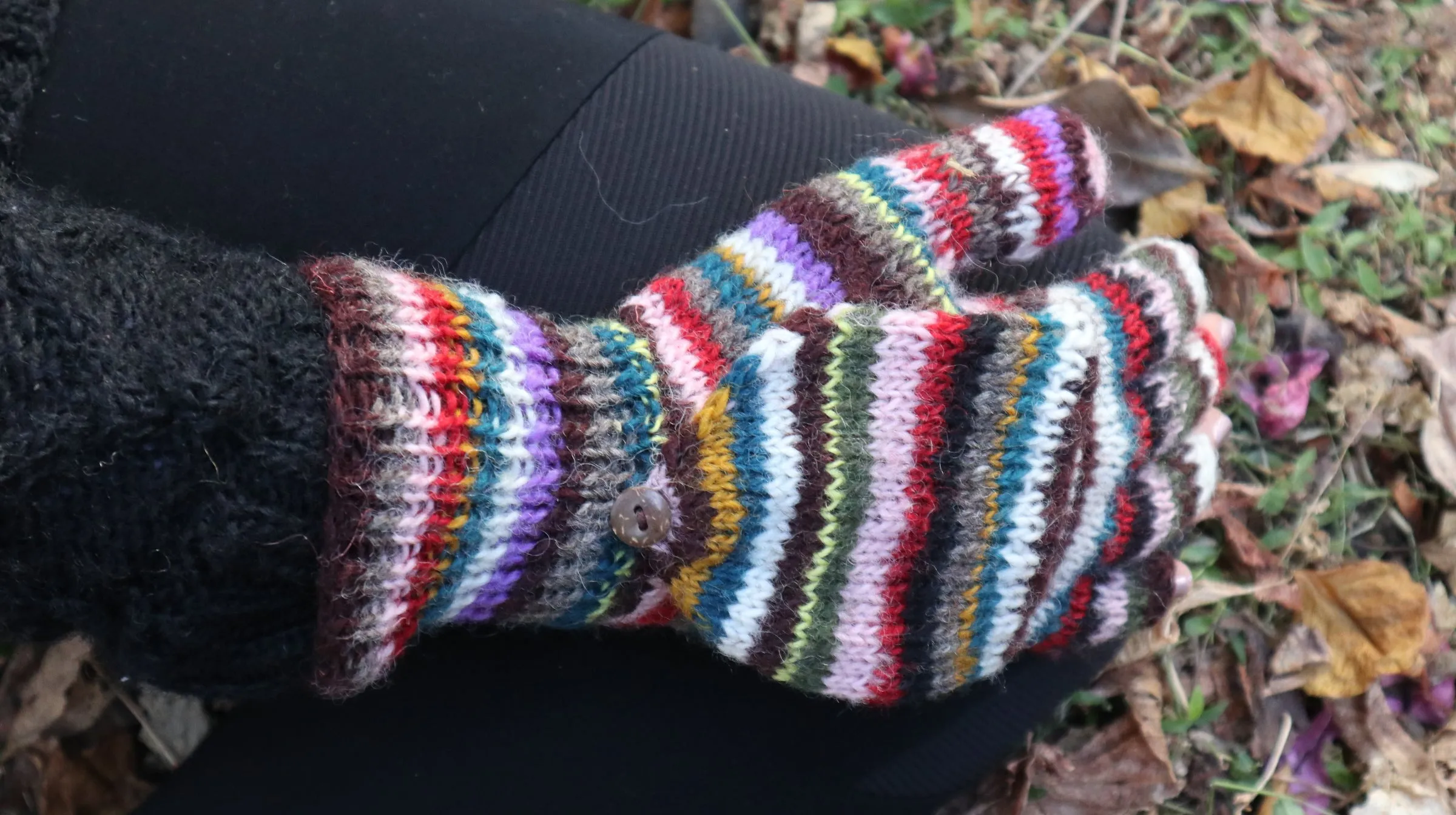 Fair Trade Ethical Adult Fingerless Gloves with Cap in Striped Brown Designs