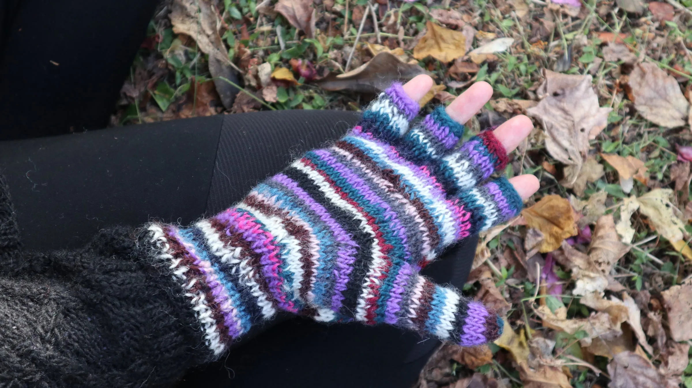 Fair Trade Ethical Adult Fingerless Gloves with Cap in Striped Brown Designs