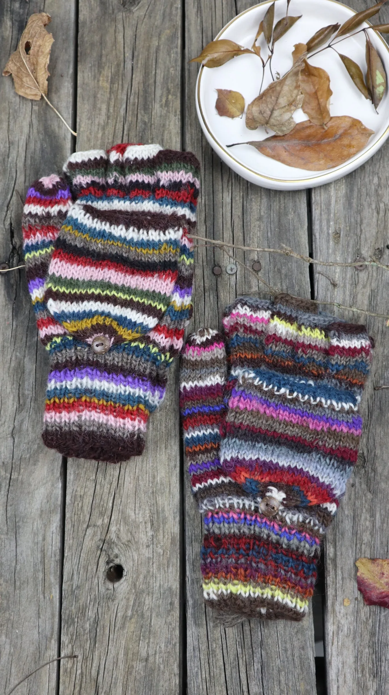 Fair Trade Ethical Adult Fingerless Gloves with Cap in Striped Brown Designs