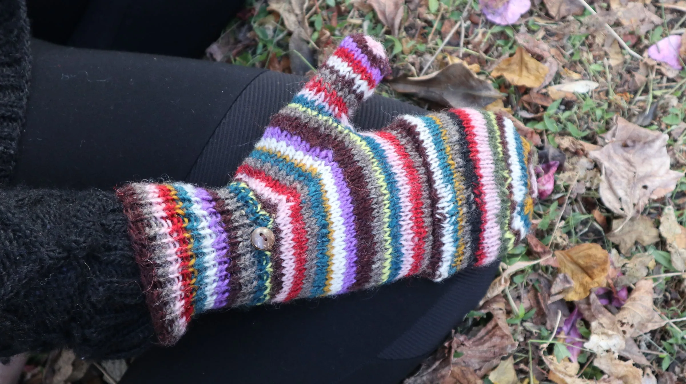 Fair Trade Ethical Adult Fingerless Gloves with Cap in Striped Brown Designs