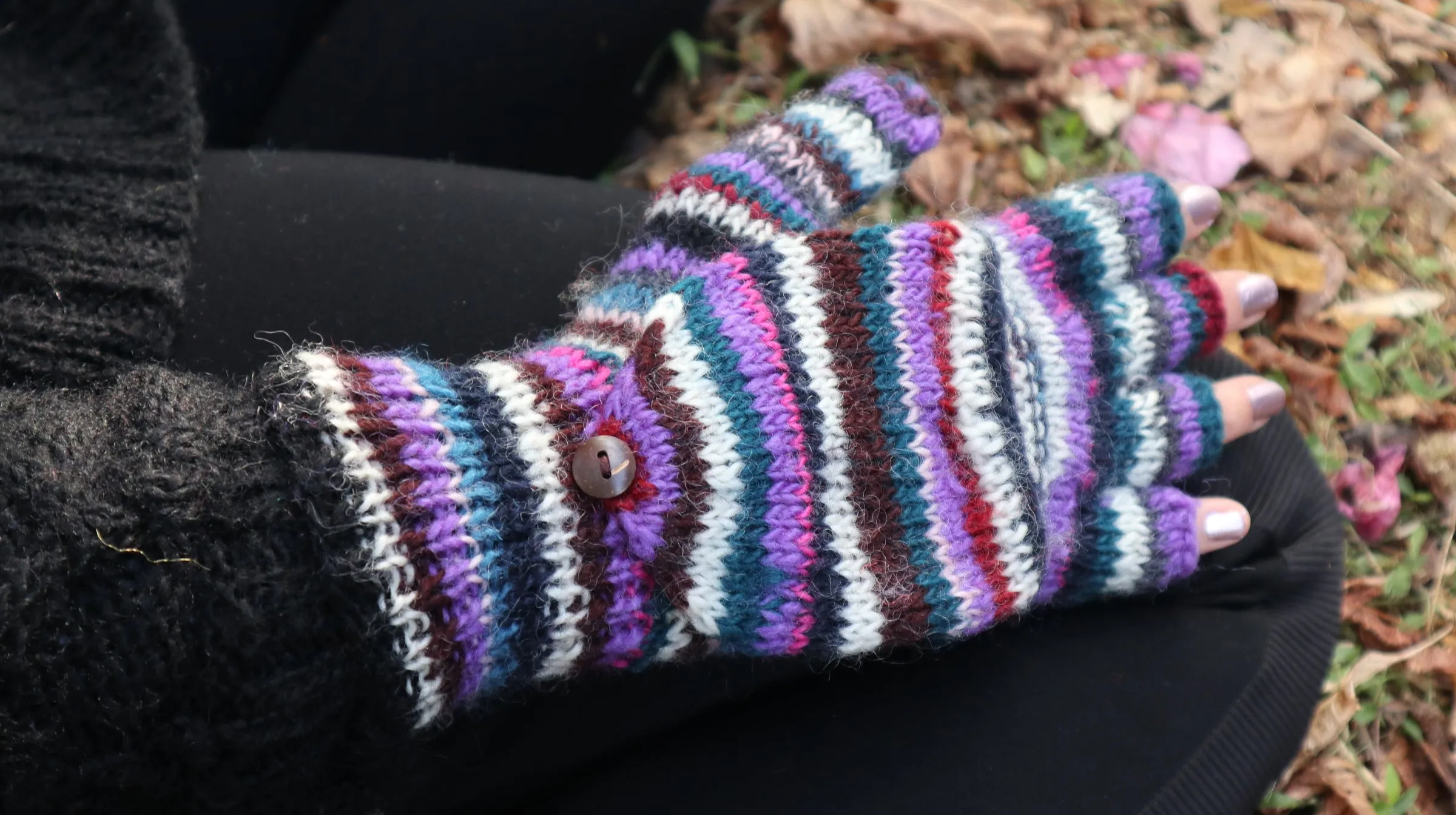 Fair Trade Ethical Adult Fingerless Gloves with Cap in Striped Brown Designs