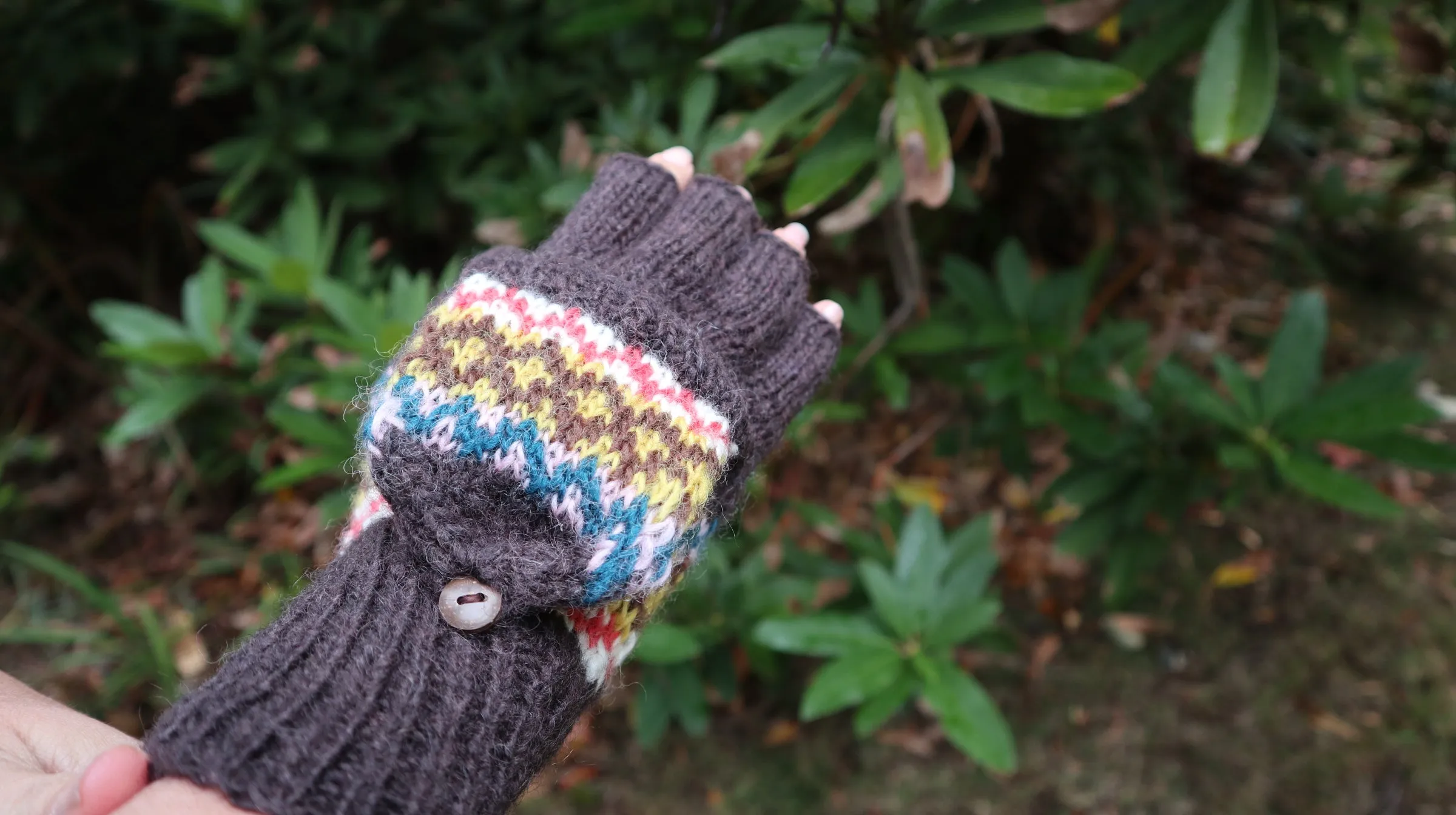 Fair Trade Ethical Adult Fingerless Gloves with Cap Patterned Design Browns