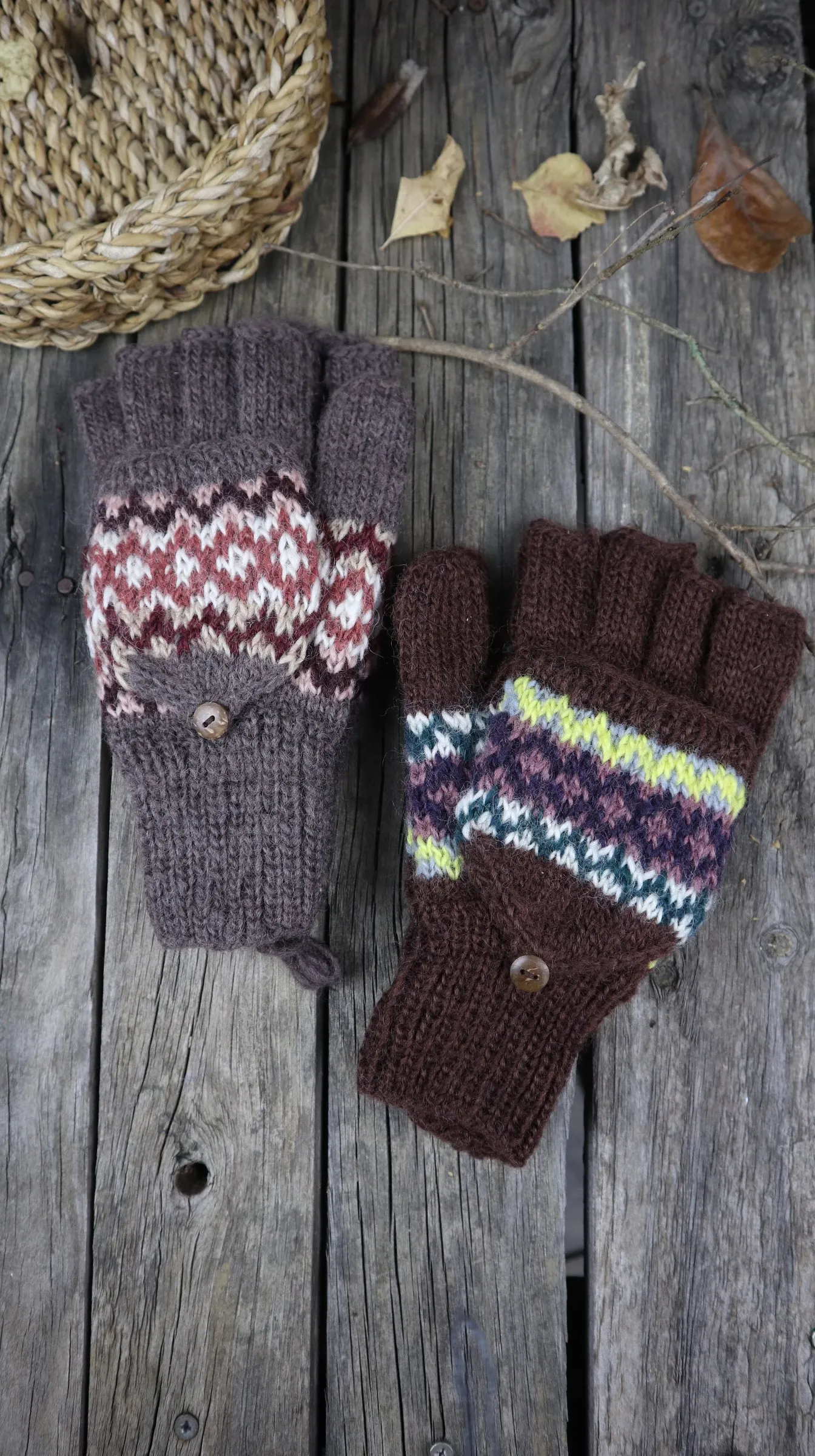 Fair Trade Ethical Adult Fingerless Gloves with Cap Patterned Design Browns