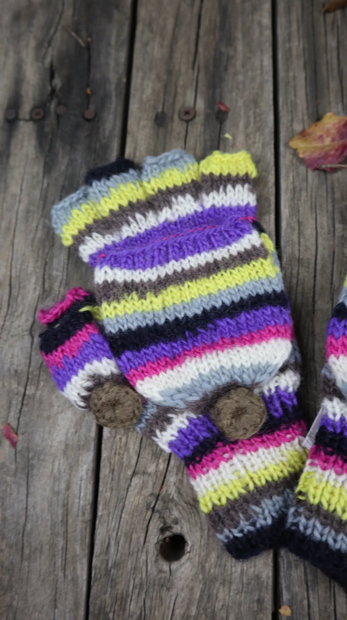 Fair Trade Ethical Children's Striped Fingerless Gloves with Cap in Pink Purple, Yellow and Grey