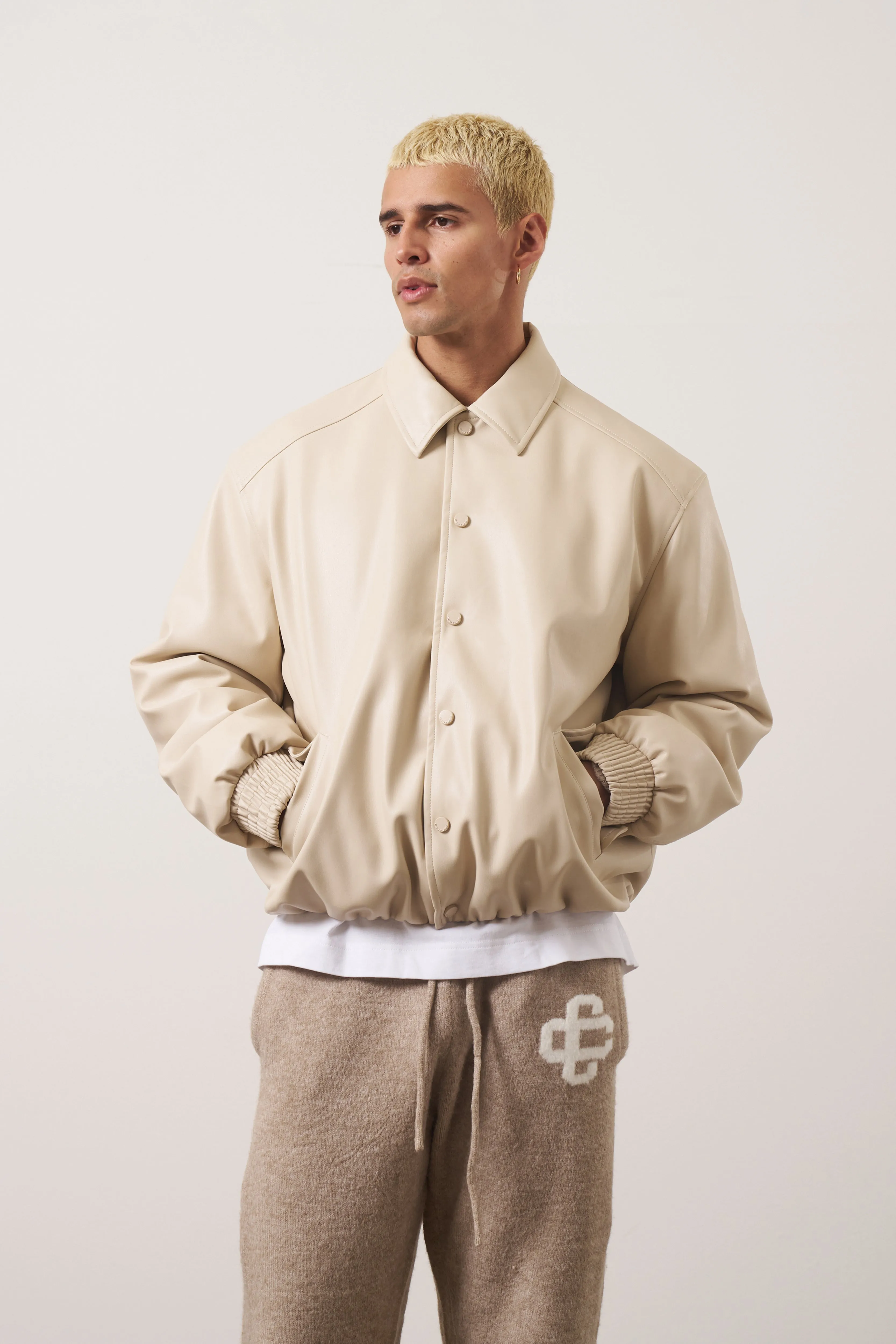 FAUX LEATHER BOMBER - BEIGE