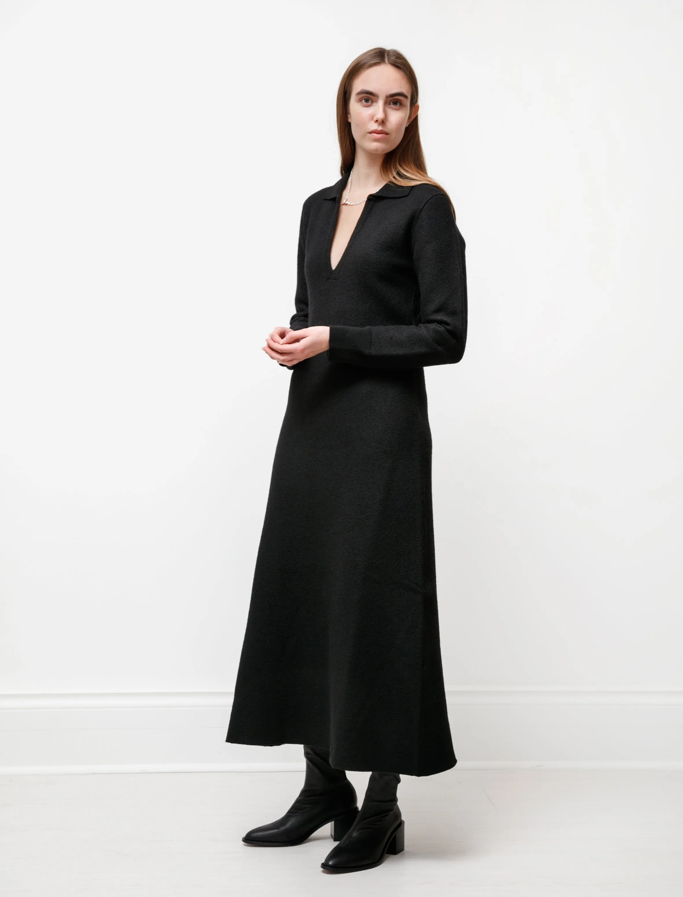 Felted Wool Polo Dress Black