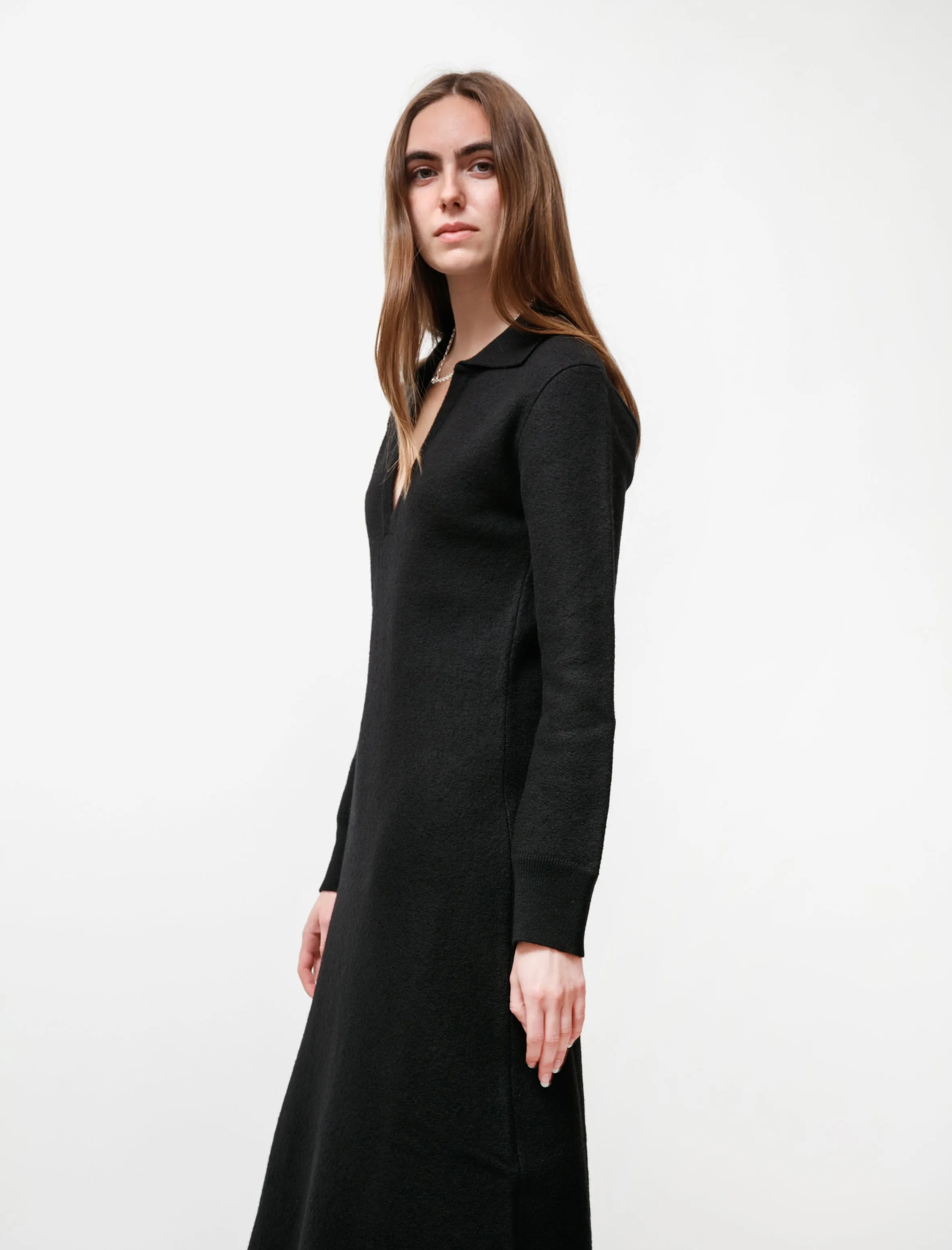 Felted Wool Polo Dress Black