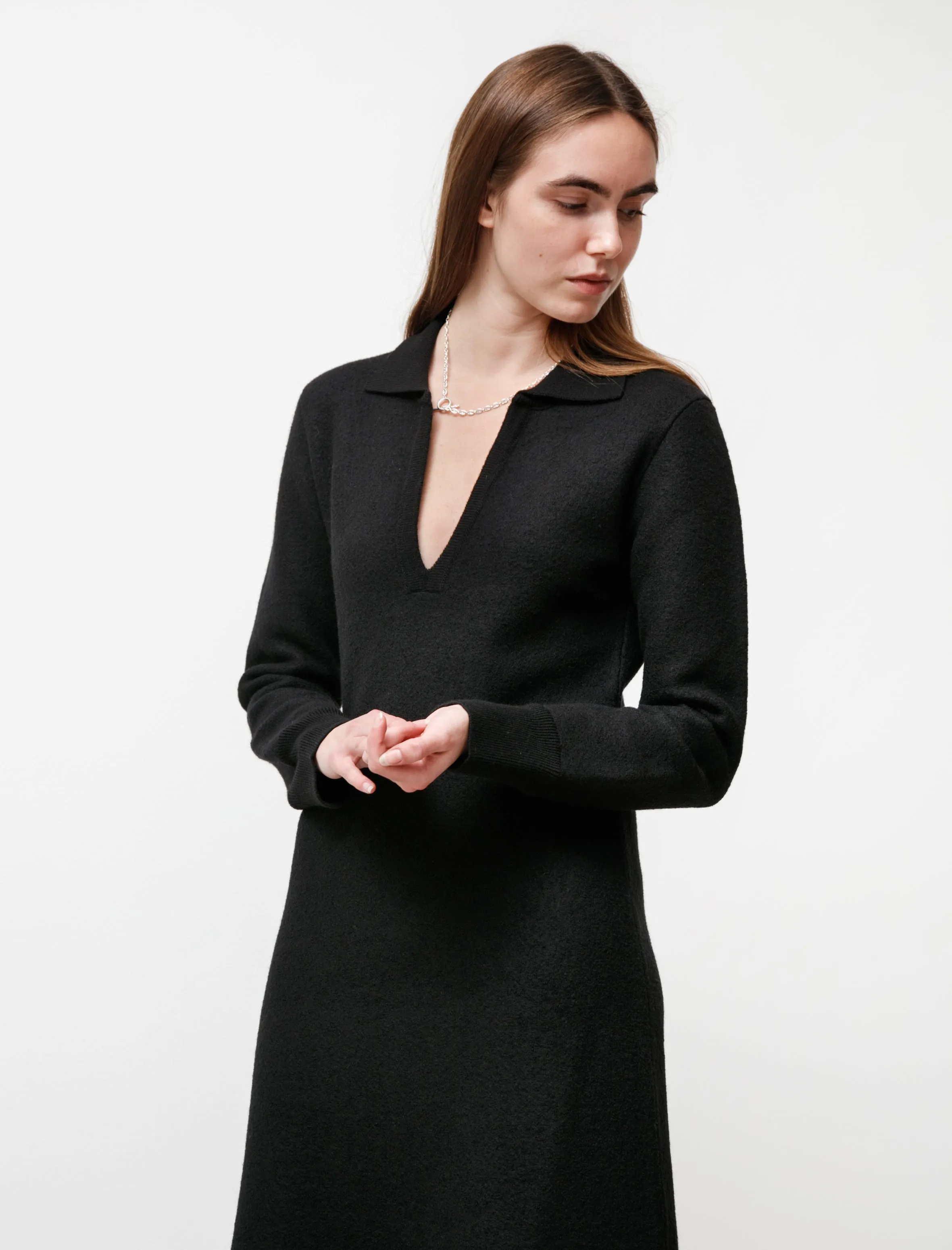 Felted Wool Polo Dress Black