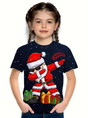 Festive Comfy Dancing Santa Claus Graphic Print Short Sleeve Tee - Tees for Party Girls and Women, Breathable, Soft, Relaxed Fit, Christmas Holiday Party Wear