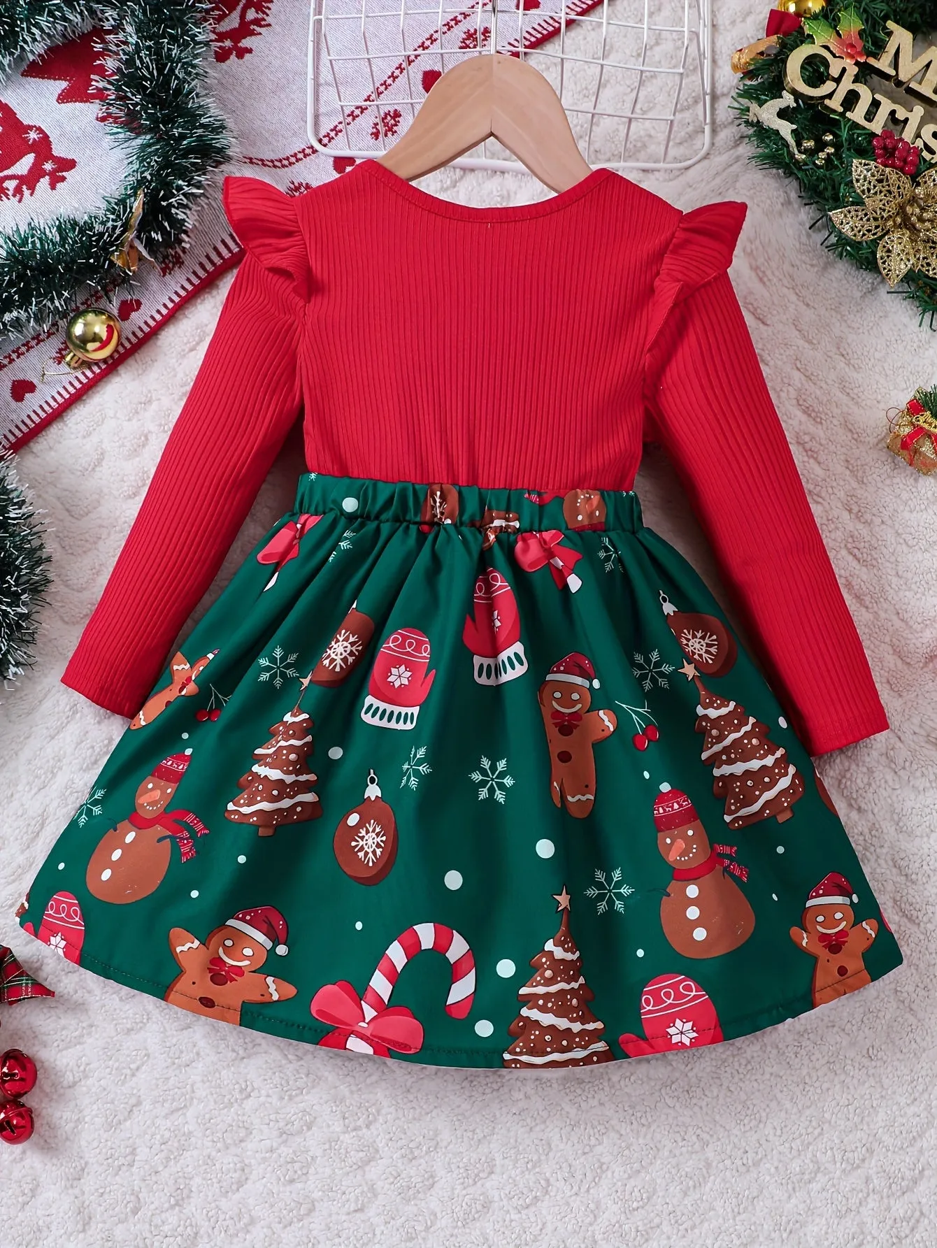 Festive Gingerbread Man Long Sleeve Dress for Girls - Special Occasion, Graphic Print, Flutter Trim, Fall Winter Christmas Gift Idea