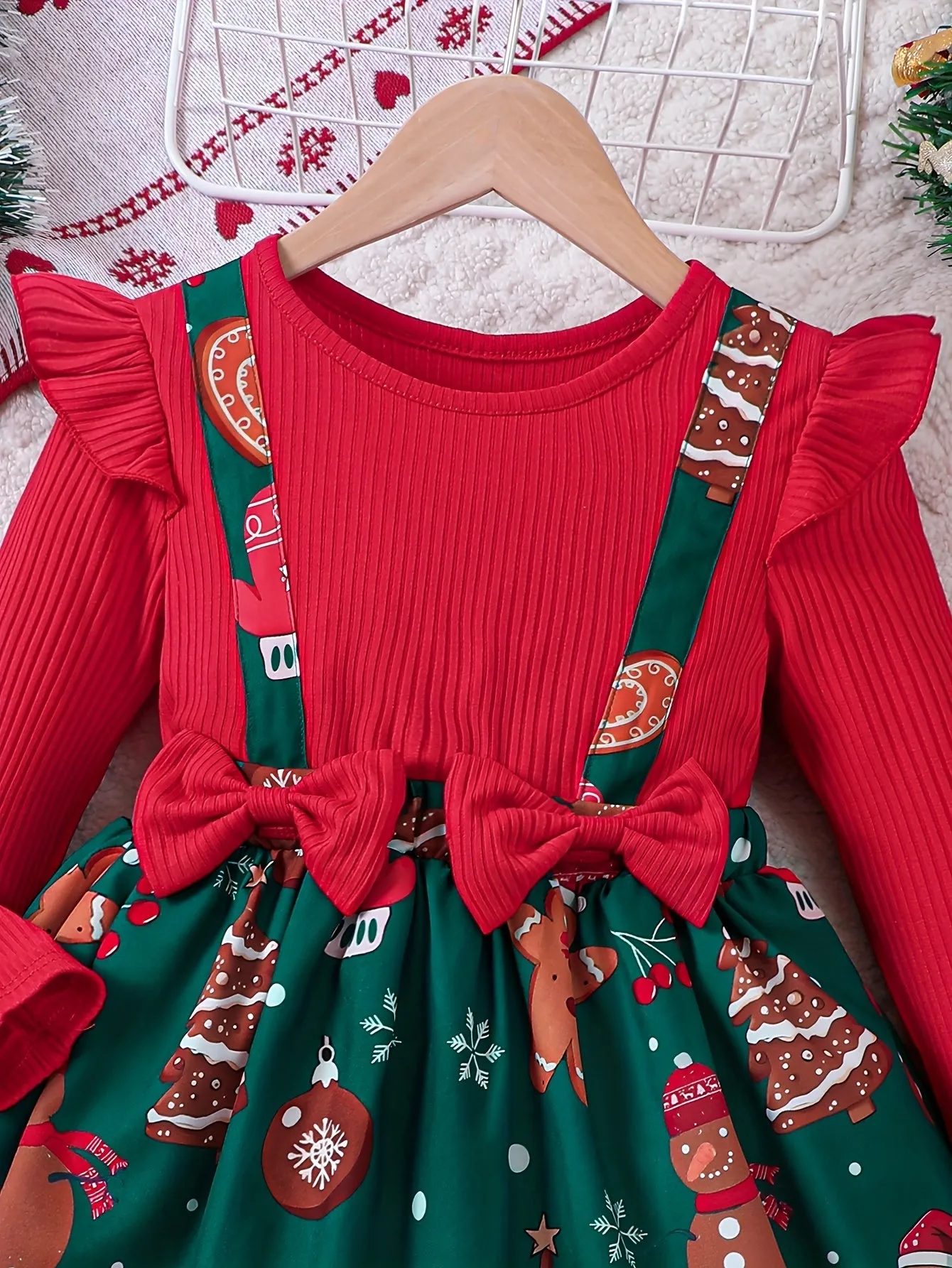 Festive Gingerbread Man Long Sleeve Dress for Girls - Special Occasion, Graphic Print, Flutter Trim, Fall Winter Christmas Gift Idea