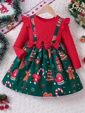 Festive Gingerbread Man Long Sleeve Dress for Girls - Special Occasion, Graphic Print, Flutter Trim, Fall Winter Christmas Gift Idea